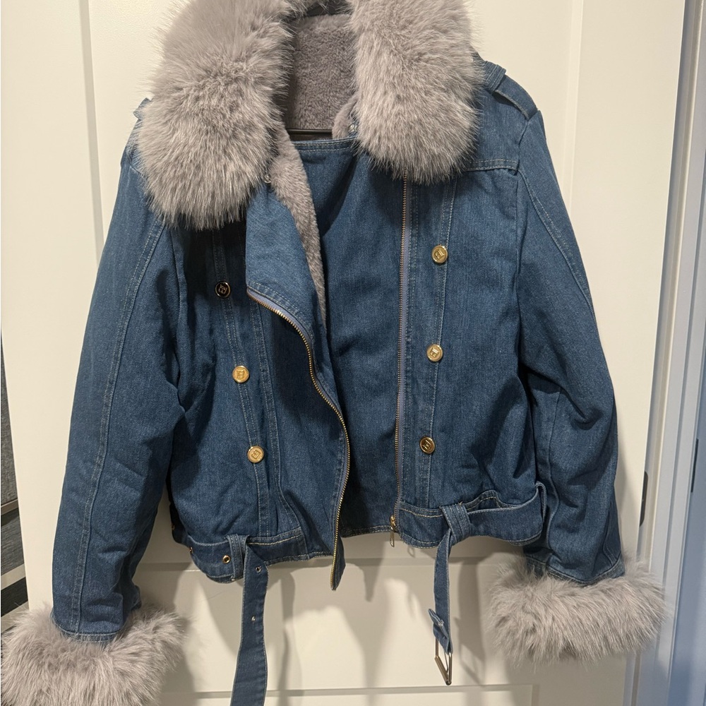 Denim Jacket with Faux Fur Trim